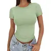 2025 Casual de Verão Versátil Ajustado Gola Redonda Alta Camiseta Manga Curta Slim Estilo Hot Girl Europeu e Americano Tops Efeito Emagrecedor