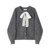 Jaqueta Cardigan de Tricô com Cadarço e Laço, Gola Redonda, para Mulheres no Outono e Inverno, Modelagem Solta, Botão Dourado em Formato de Coração