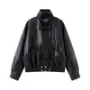 Chaqueta de Cuero para Motocicleta Estilo Retro con Cuello Solapa para Mujer, Cintura Ceñida, Bolsillos Grandes, Corte Holgado de Piel PU, Abrigo de Cuero Estilo Americano para Otoño e Invierno