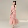 Vestido de Verão Luxuoso Resistente com Renda nas Bordas, Elegante Estilo Deusa para Férias, com Alças Finas