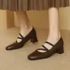 Nuevos Zapatos de Mujer Cuatro Estaciones Casuales de Tacón Bajo Negro de Deslizamiento en el Pie Tacón Cuadrado Zapatos Pequeños de Cuero con Suela Blanda de Tendón de Res Zapatos Individuales para Mujer