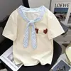 Camiseta de Manga Corta con Pajarita Bordada de Cuadros Estilo Academia para Mujer, Top Corto de Verano Ajustado al Cuerpo con Hombro Normal, Estilo Ins