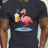 Camiseta Masculina Preta Gola Redonda Manga Curta com Estampa Divertida de Flamingo Rosa e Cerveja Leve Casual