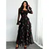 Vestido de Leopardo con Volantes de Nuevo Estilo Europeo y Americano, Cuadrado, Manga Larga, para Mujer con Mangas de Campana, Ajustado, Vestido de Fiesta, Comercio Exterior Transfronterizo