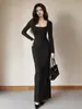 Estilo Europeu Transfronteiriço Inverno Roupas Femininas Cor Sólida Manga Longa Gola Quadrada Vestido Longo Renda Patchwork Costas Abertas Elegante Vestido de Temperamento