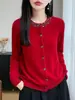 Cardigã de malha com contas 100% lã pura, novo estilo outono/inverno feminino, chique e elegante, gola redonda, casaco suéter quente