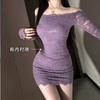 Vestido Morado de Manga Larga Pure Desire Hot Girl para Mujer Otoño Sexy Ajustado de un Hombro con Encaje Falda Corta para Cadera