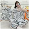 Conjunto de Pijama de Algodón Nube para Mujer, Tres Piezas, Primavera/Verano, Cárdigan con Solapa, Manga Corta, Shorts, Pantalones Largos, Ropa de Casa Casual para Adolescentes, Alto Volumen