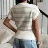 Suéter Feminino 2026 com Toque de Luxo, Blusa Listrada de Verão Curta de Botão Único com Gola Redonda, Cardigã de Tricô de Manga Curta