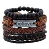 Pulsera de Cuero Unisex Creativa y Personalizada Believe, Set de 4 Piezas, Pulsera Tejida a Mano Estilo Vintage