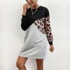 Amazon Comercio Exterior Transfronterizo Modelo Caliente Otoño e Invierno Nuevo Empalmado Cuello Redondo Media Longitud Estampado de Leopardo Sudadera Jersey Falda para Mujer