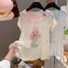 Pijama de Verano Fino de Lyocell para Niñas Ropa de Dormir de Manga Corta con Encaje para Bebé Ropa de Casa Infantil con Estampado de Dibujos Animados para Niña