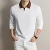 Camisa polo de algodão com trama canelada e gola de gaivota para homens, nova coleção outono 2026, cor sólida, respirável, casual, manga longa para homens