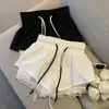 Calças Pretas de Cintura Elástica com Cordão e Perna Larga para Mulheres, Shorts de Verão com Renda em Patchwork de Cintura Alta em Linha A para Figuras Baixas, Calças Casuais