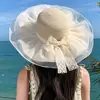 Sombrero de Paja Tejido de Ala Ancha para Protección Solar de Verano Transfronterizo Sombrero de Playa con Lazo para Vacaciones en la Costa Sombrero para el Sol para Mujeres
