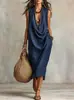 Nuevo Estilo Europeo y Americano Transfronterizo para Mujer, Vestido Largo sin Mangas con Cuello en V y Drapeado, Vestido Casual Retro para Vacaciones