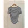 Playera de Manga Corta con Hombro Irregular de Diseño Chic para Mujer, Versátil, con Pliegues, Ajustada, Adelgazante, para Verano