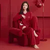 Novos Pijamas de Primavera/Outono para Mulheres, Algodão Puro Confortável, Manga Longa, Calça Longa, Corte Amplo, Gola Lapela, Vermelho, Ano do Rato, Cardigã, Roupa de Casa