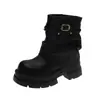 Botines Retro de Punta Redonda con Tacón Grueso para Mujer, Estilo Nuevo Otoño 2026, Hebilla de Cinturón Tachonada, Botas Plisadas Estilo Vaquero Occidental