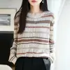 Cárdigan suave y pegajoso para mujer, amigable con la piel, cuello redondo, manga larga, abrigo suéter, jacquard Fair Isle, retro, hueco, ropa exterior a rayas