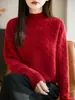 Tejido de punto grueso lavable a máquina, mezcla de lana, cuello alto medio para mujer en otoño e invierno, ropa de trabajo cálida con diseño de patrón de lazo