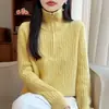 Suéter Grueso Trenzado de Peso Pesado 100% Lana Pura para Mujer, Camiseta Base de Punto, Corte Holgado, Media Cremallera, Cuello Alto, Otoño/Invierno