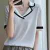 Top de Punto de Moda Versátil para Mujer, Manga Corta, Cuello Polo, Lana Fina de Calibre 14, Delgado de Verano, Color Bloqueado, Hilo Yangzi