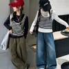 Camiseta de Niña Otoño Manga Larga 2026 Nuevo Estilo Primavera y Otoño Infantil Cuello Redondo Camiseta Base Rayada Dos en Uno para Niños Mayores