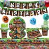 Decoración para fiesta de cumpleaños temática de mi mundo, banner de mundo de juego de píxeles, plato de papel, servilleta, mantel, juego de vajilla