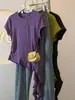 Design único com fitas, corte justo, nova camiseta de verão branca de manga curta com gola redonda para mulheres, estilo ins, roxo