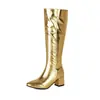 Botas longas de couro sintético prateado para comércio exterior, cano alto, bico quadrado dourado, zíper lateral, salto grosso, botas longas de salto alto para mulheres, AliExpress transfronteiriço