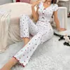 Ropa de Casa Nueva Transfronteriza Estampado de Corazones Manga Corta Pantalón Largo Pijama Canalé Se Puede Usar Afuera Cómodo Cuello en V Estilo Europeo y Americano
