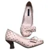 Zapatos de tacón alto vintage de lunares rosa dulce con punta redonda y tacón grueso para mujer, nuevos elegantes zapatos de tacón bajo estilo francés de primavera 2026
