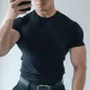 Camiseta de entrenamiento para hombre, manga corta, color blanco, 100% algodón, mejora muscular, transpirable, cuello redondo, color liso, versátil, corte ajustado