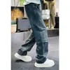 Estructura de Jeans Casuales de Pierna Recta Semi-Elásticos con Diseño Lavado Resistente de Pierna Recta Azul Retro Otoñal Vintage Lavado