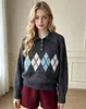 Suéter de malha outono novo para mulheres, estilo artístico europeu e americano, com padrão de losangos, gola dobrada, plus size, modelagem que emagrece, com gola reta nos ombros