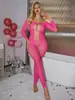 Lencería sexy sin tirantes color rojo rosa, conjunto de malla transparente hueco calado de manga larga transfronterizo europeo y americano w873