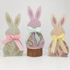 Adornos de Conejo de Madera con Cinta de Pascua Decoraciones de Escritorio Pintadas de Pascua Piezas de Madera Creativas para el Hogar de los Niños