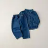 Nuevo Conjunto de Denim Otoñal Estilo Coreano para Niños, Unisex Vintage de Manga Larga Top y Pantalones de Mezclilla Set de Dos Piezas