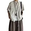 Camisa Masculina Retro Americana de Listras Finas de Manga Curta, Estilo Verão Workwear com Cordão Curto, Estilo Old Money Camisa Casual