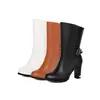 Botas de moda novas para 2026, de cano médio, transfronteiriças, com fivela de cinto, bico redondo, salto grosso, botas femininas de salto alto, botas de cano médio, tamanhos grandes, para AliExpress