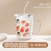Taza de Agua de Vidrio Estilo Ins con Dibujos Animados Taza con Tubo de Succión y Tapa Mango de Cuchara Antiescaldado Resistente al Calor Dormitorio Oficina Hogar