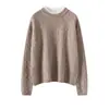 Suéter de Punto Grueso Cableado Bloque de Color Falso Dos Piezas Cuello Redondo Cachemir para Mujer Otoño Invierno Cableado Holgado Hombro Caído