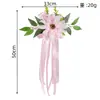 Novo Estilo Floresta-Temática Dália Branca Decoração de Espelho Retrovisor de Carro de Casamento Flor, Flor Artificial com Fita para Maçaneta de Porta de Frota de Carros de Casamento