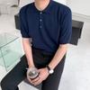 Camisa Polo de Seda de Gelo para Homens MYQ Camiseta de Manga Curta Suéter de Malha Verão Novo Estilo Coreano Lapela Comerciante Cor Sólida Camiseta de Meia Manga