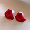 Brincos de Veludo Flor Pérola Estilo Coreano Nicho Vintage Luxo Leve Alto Padrão Versátil Personalidade Simples Atacado para Mulheres