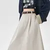 Foto real de falda de algodón Tencel para mujer, nueva falda de línea A de longitud media vintage para otoño 2026 que cubre las caderas y tiene un dobladillo grande