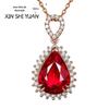 Novo Pingente de Gota Totalmente Cravejado Moda Elegante Simulação Pomba Sangue Vermelho Pingente Colar Safira Vermelha Pingente Joia