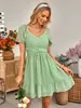 Estación Independiente Europea y Americana 2023 Amazon Comercio Exterior Casual para Mujer Primavera y Verano Cuello en V Color Sólido Cintura Vestido de Manga Corta