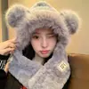 Chapéu e Cachecol de Pelúcia de Urso Tudo-em-Um Feminino Outono e Inverno À Prova de Vento e Frio Engrossado Orelha Fofa Proteção Quente Cachecol para Ciclismo